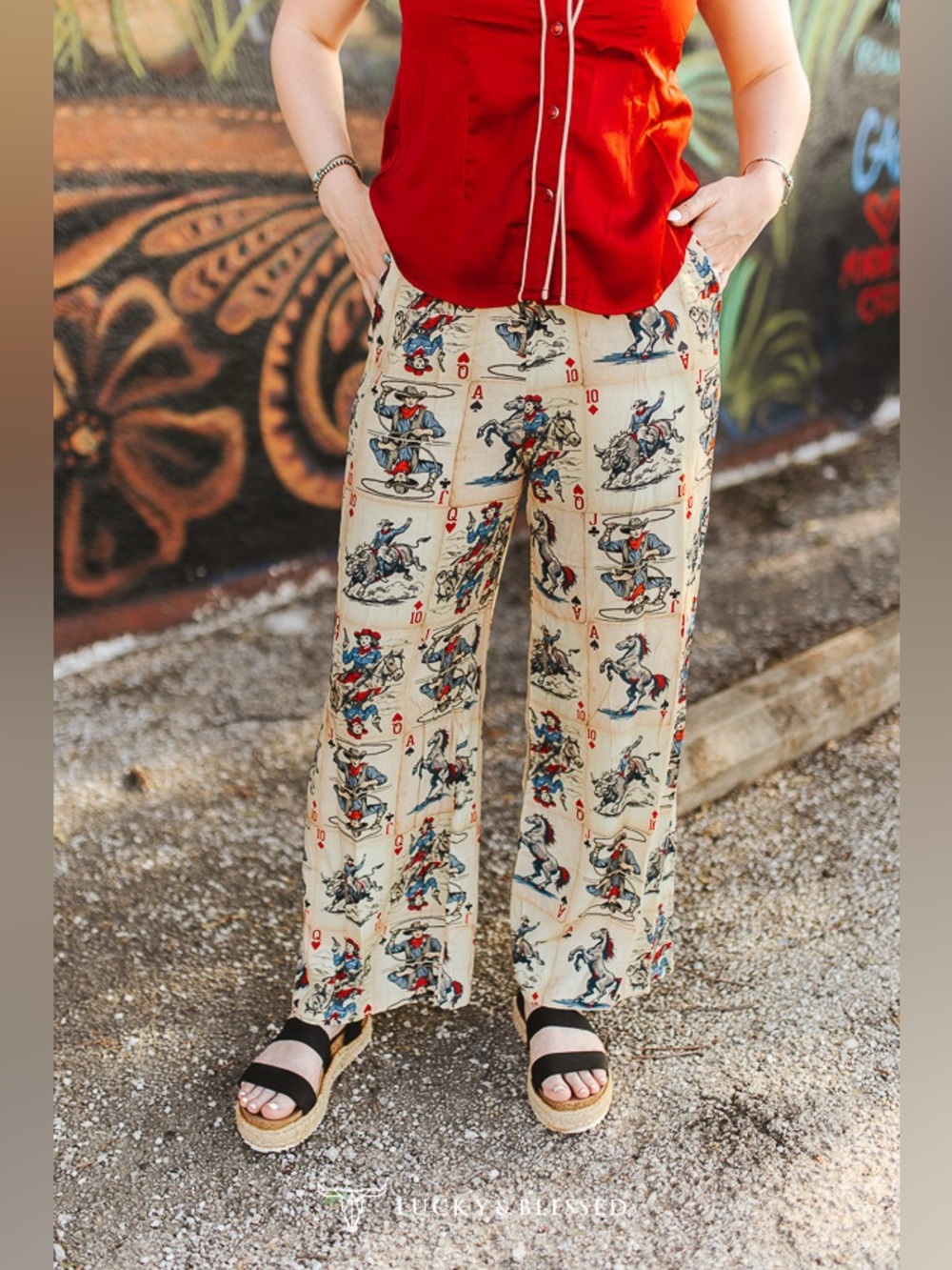 Lucky & Blessed Beige Playing Cards & Cowboys Printed Wide Leg Pants